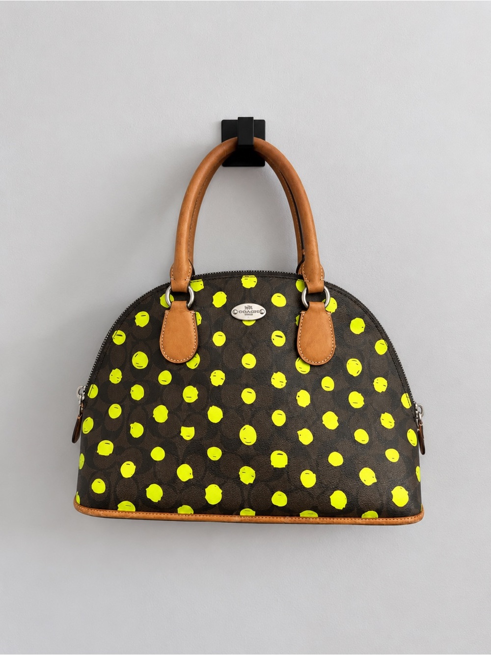 Coach Cora Dome Brown Leather Satchel with Yellow Dot Print